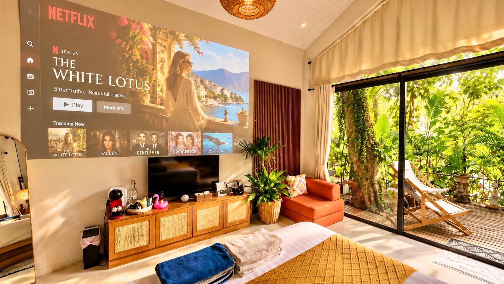 Salad Beach Guest House: bright interior with a wall-sized movie projection and doors opening onto a leafy terrace
