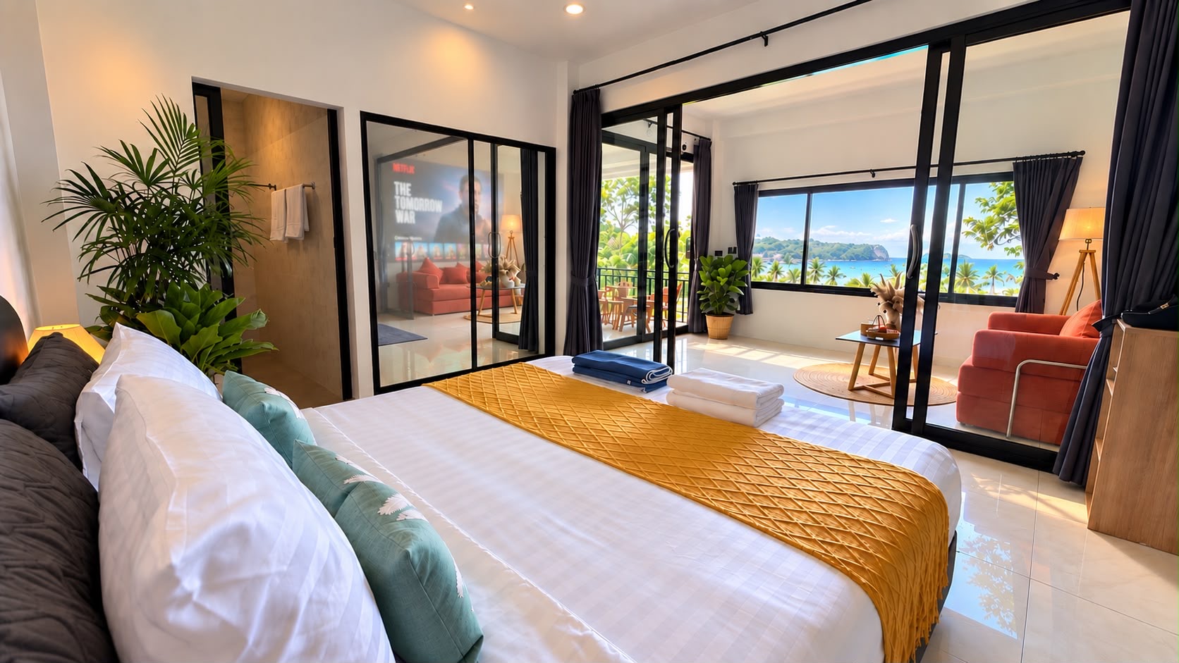 Sea & Sunset House: bedroom opening into a bright living room with views across the bay