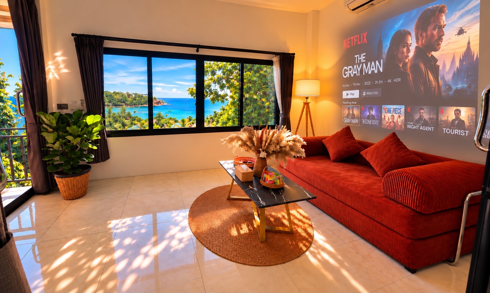 Sea & Sunset House: orange sofa, home cinema projection and a wide window overlooking the sea